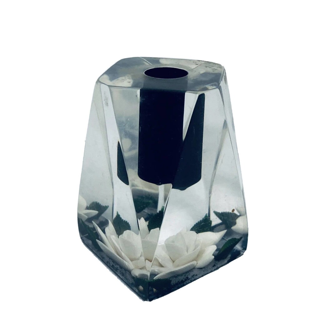 Vintage Clear Lucite Bircraft White Rose Candle Holder Paperweight USA Resin 3”